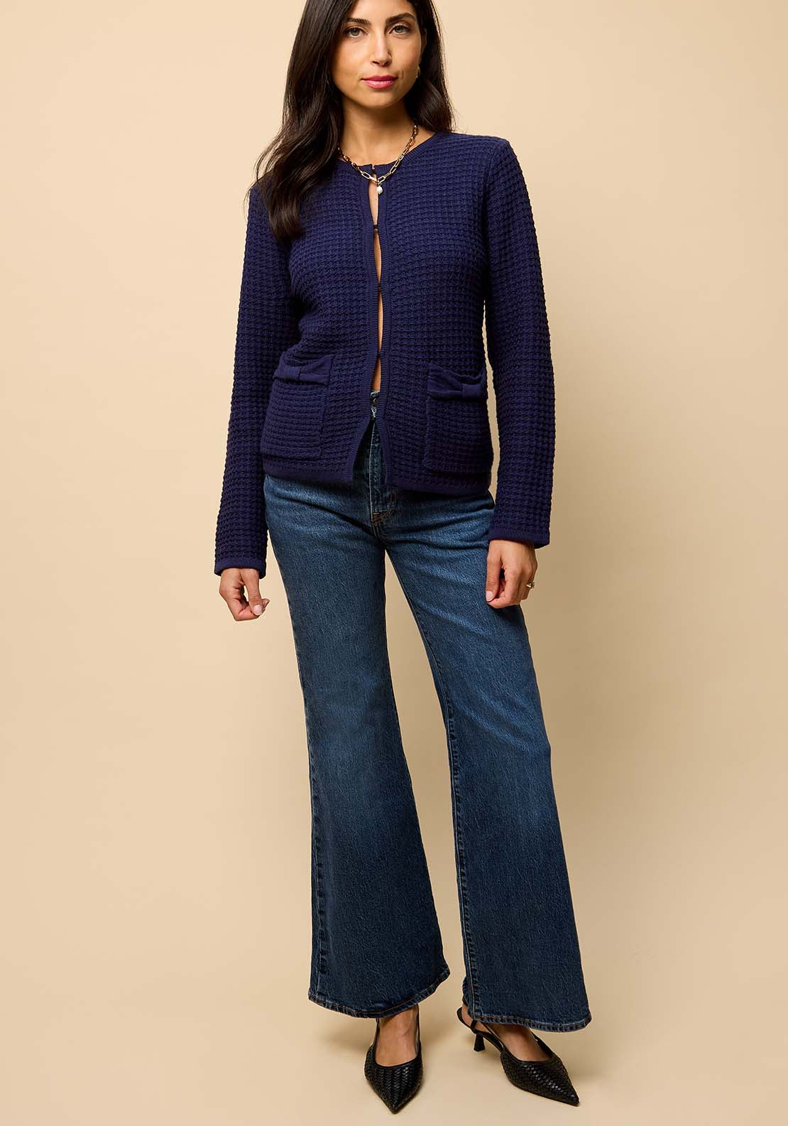 Knitted Bow Pocket Detail Cardigan - Blue