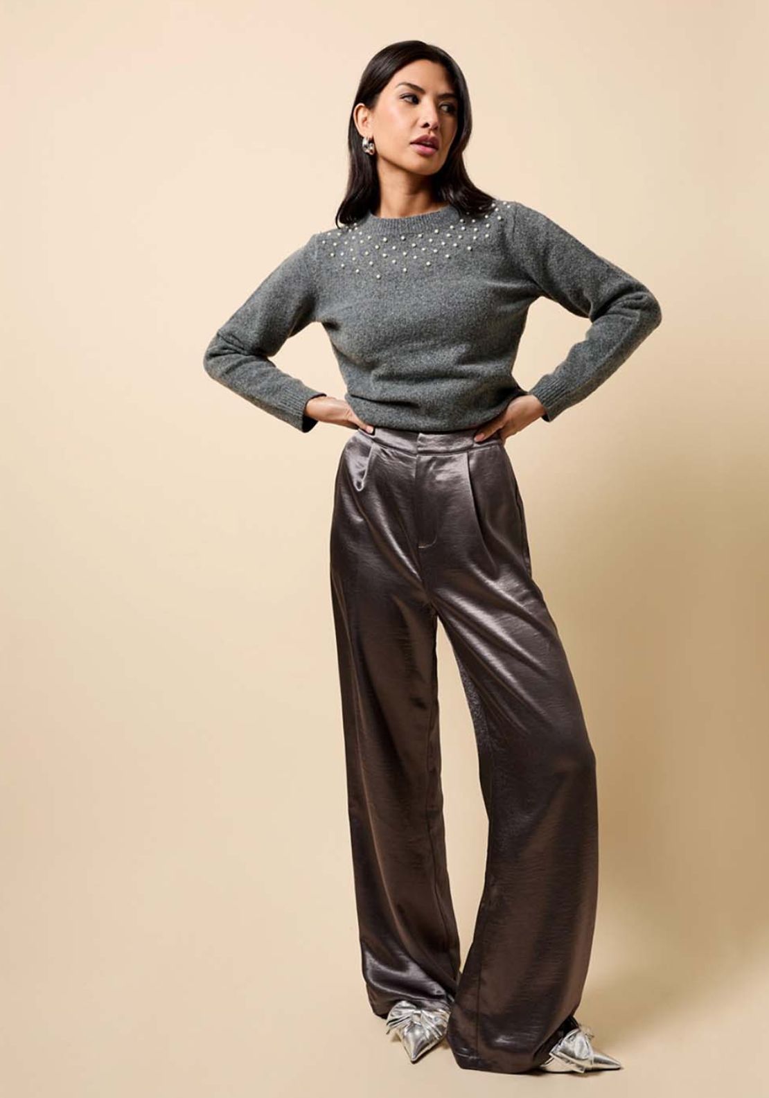 Little Mistress Satin Wide Leg Trousers - Silver Grey 4 Shaws Department Stores