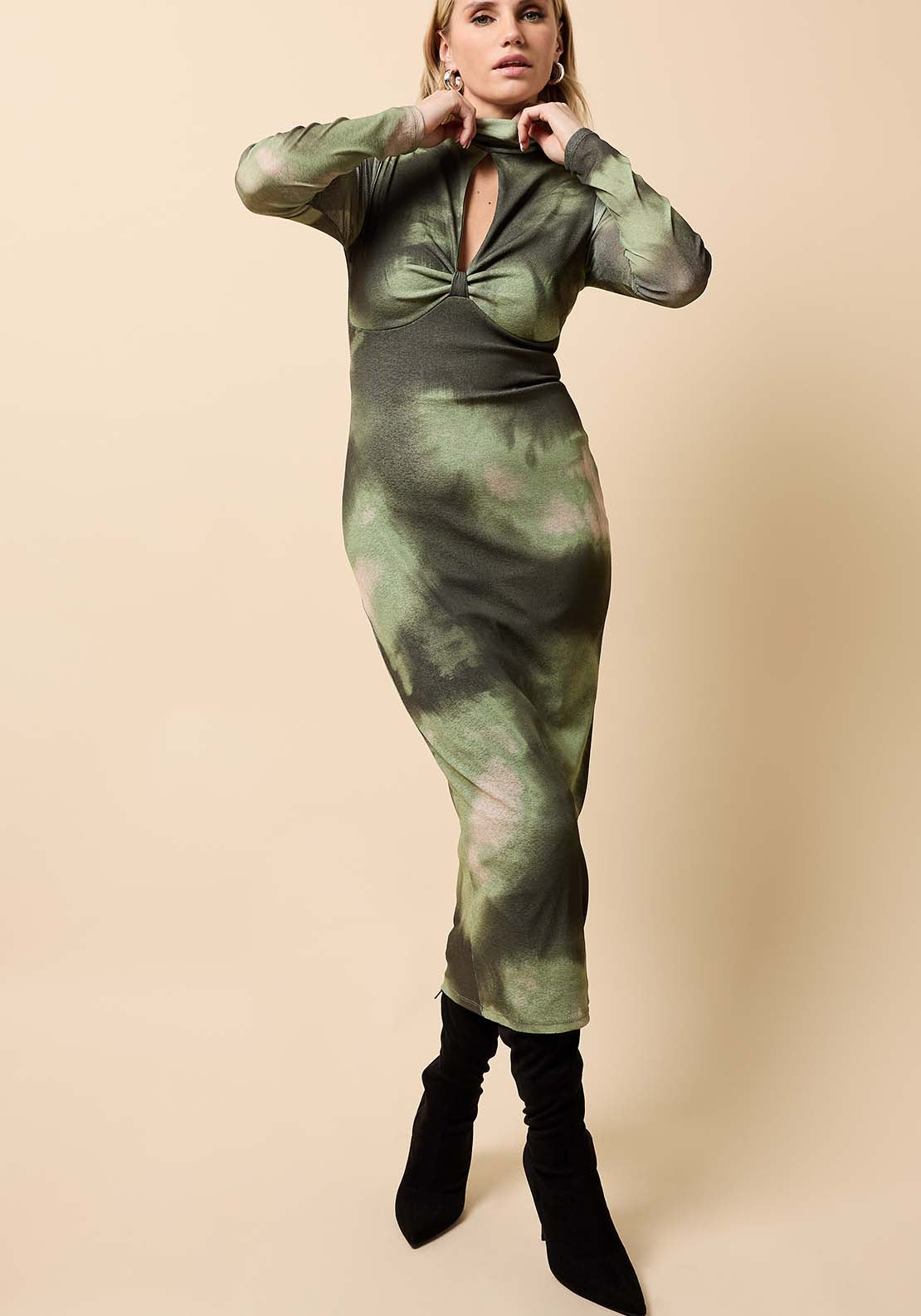 Keyhole Midi Dress - Olive Green Print