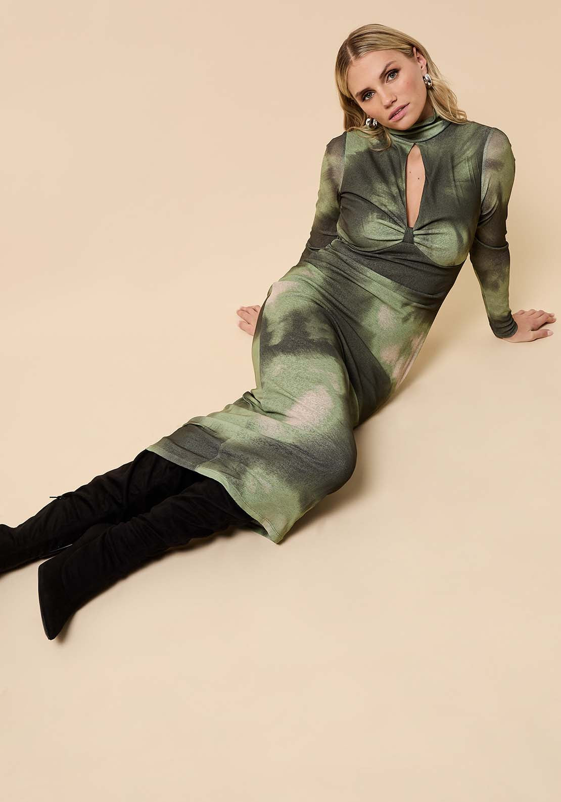Keyhole Midi Dress - Olive Green Print