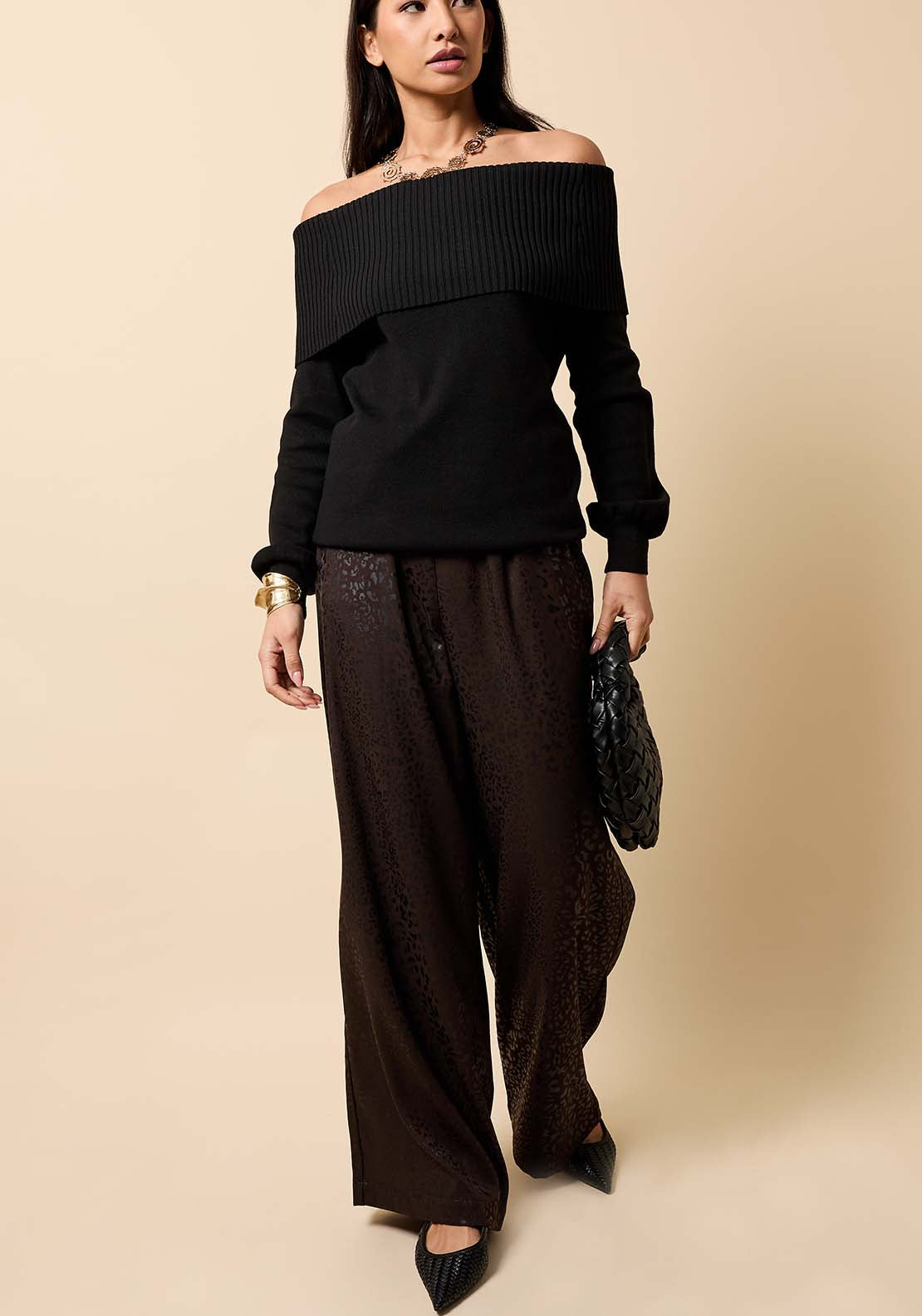 Animal Texture Satin Wide Leg Trousers - Brown