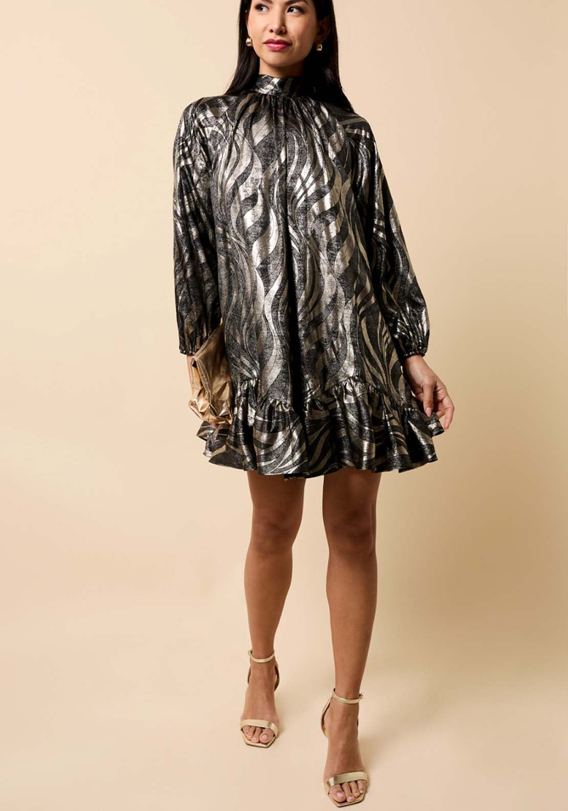 Foil Print Mini Dress - Bronze