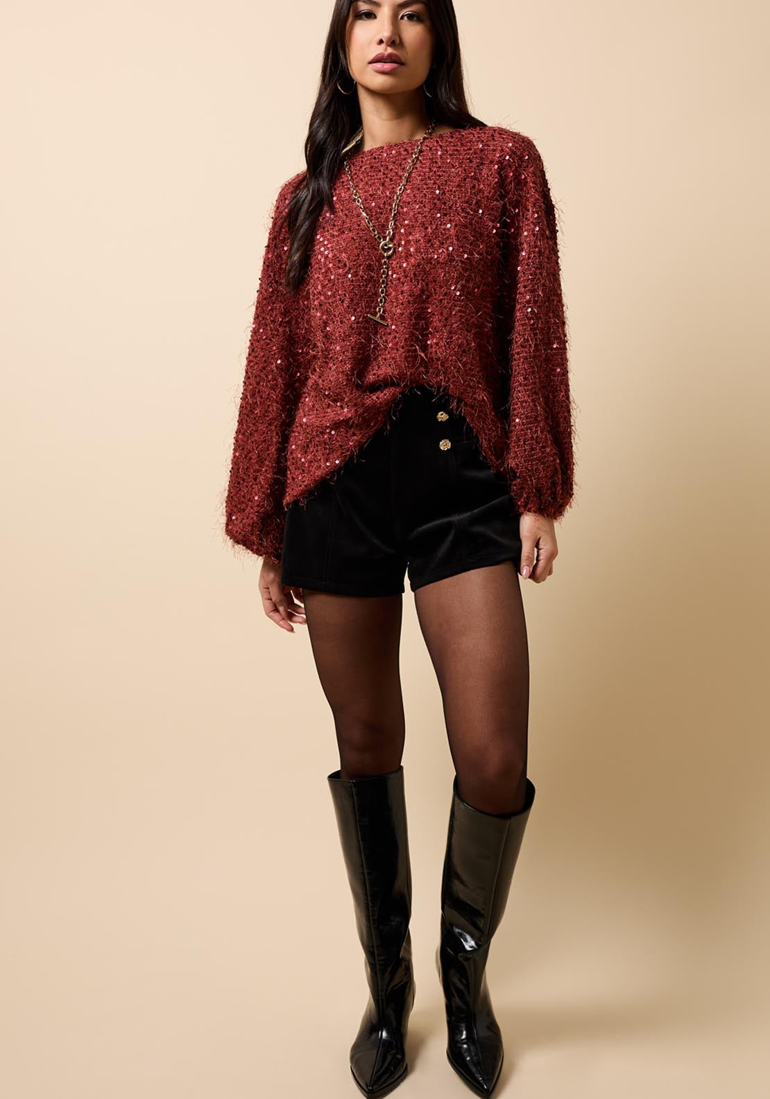 Velvet Button Detail Shorts - Black