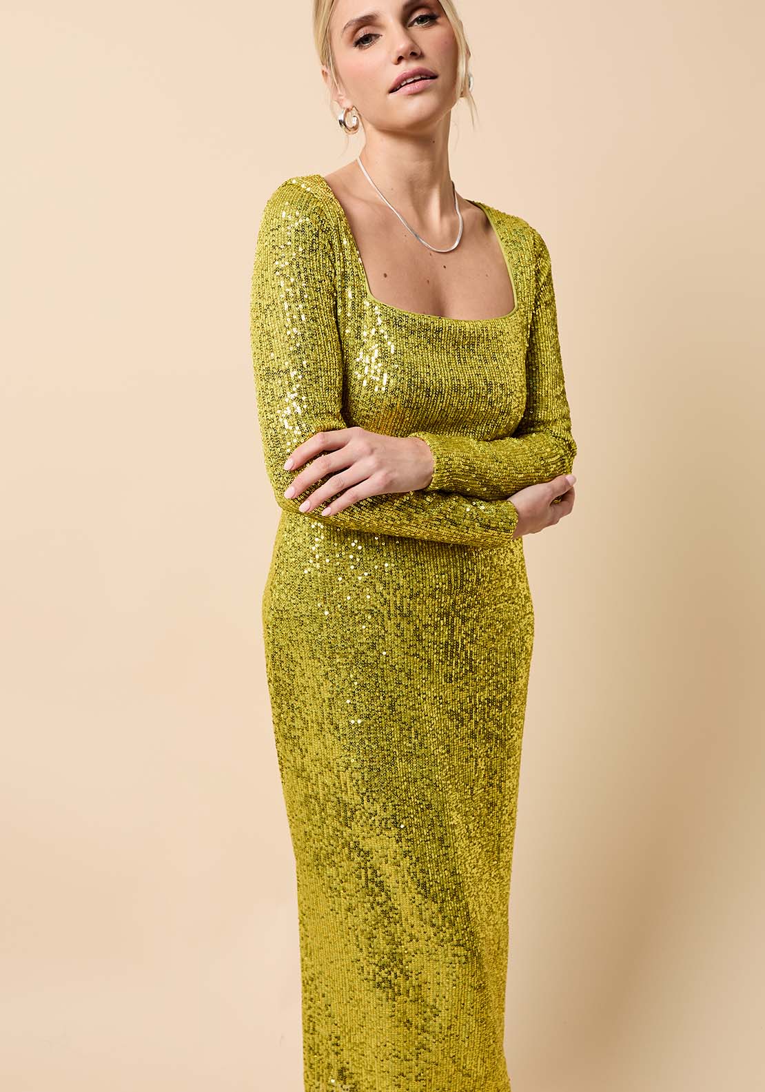 Sequin Square Neck Midi Dress - Green