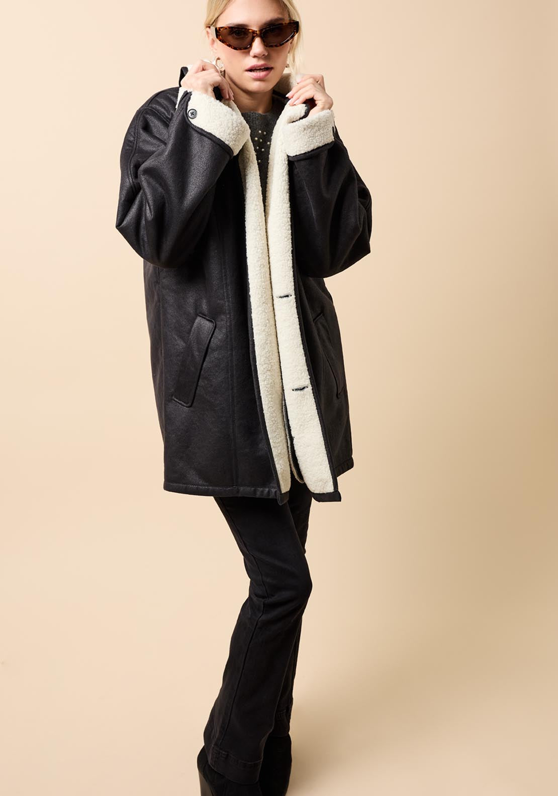 Little Mistress Contrast Lining Borg Jacket - Black 4 Shaws Department Stores