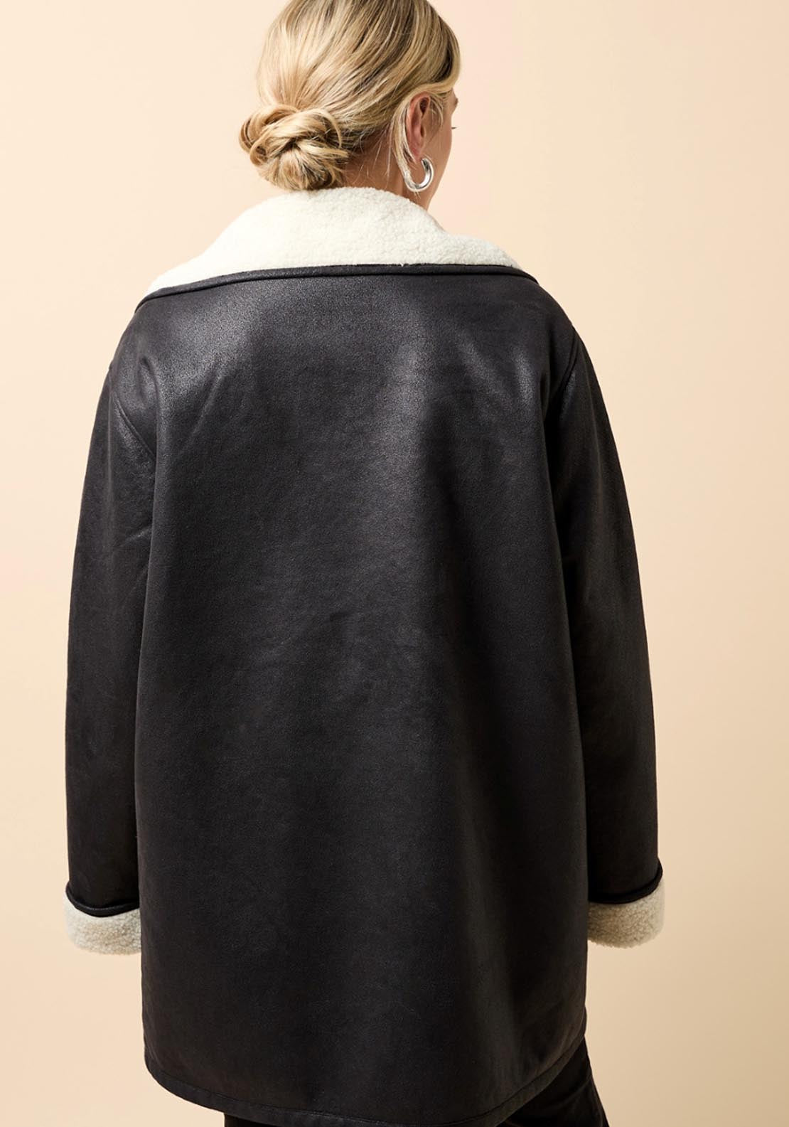 Little Mistress Contrast Lining Borg Jacket - Black 2 Shaws Department Stores