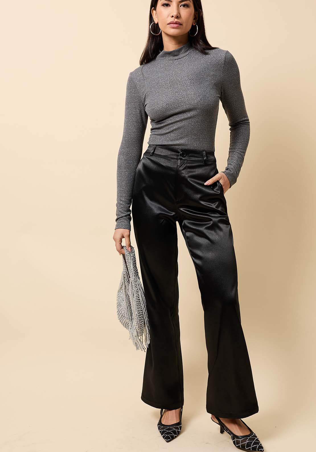 Shimmer High Neck Top - Grey