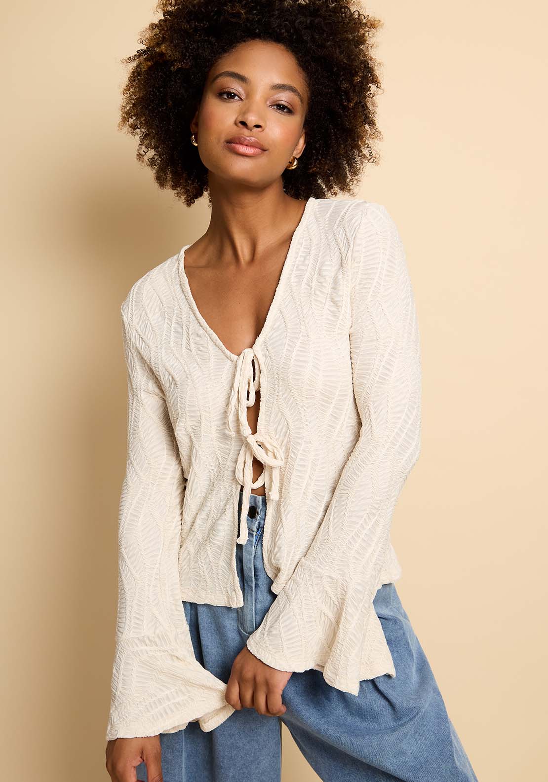 Little Mistress Cream Textured Tie Up Detail Top - Cream 3 Shaws Department Stores