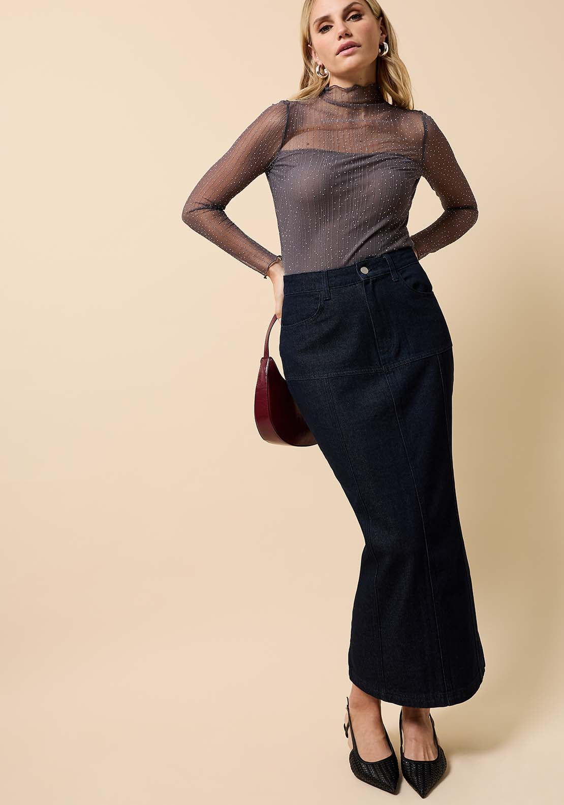 Mesh Embelished High Neck Top - Grey