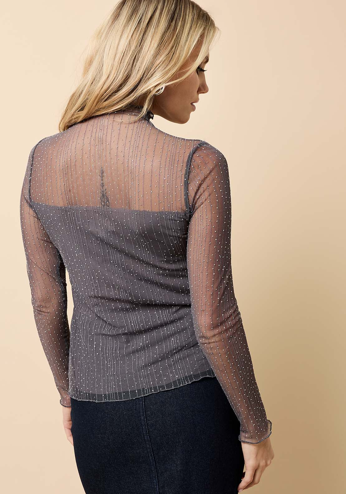 Mesh Embelished High Neck Top - Grey