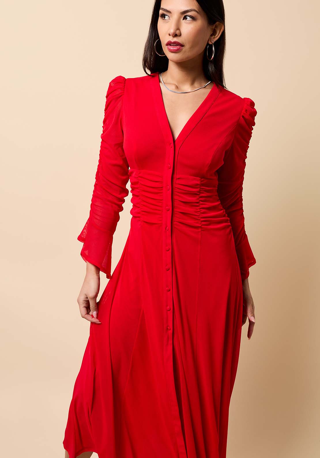 Mesh Shirt Midi Dress - Red