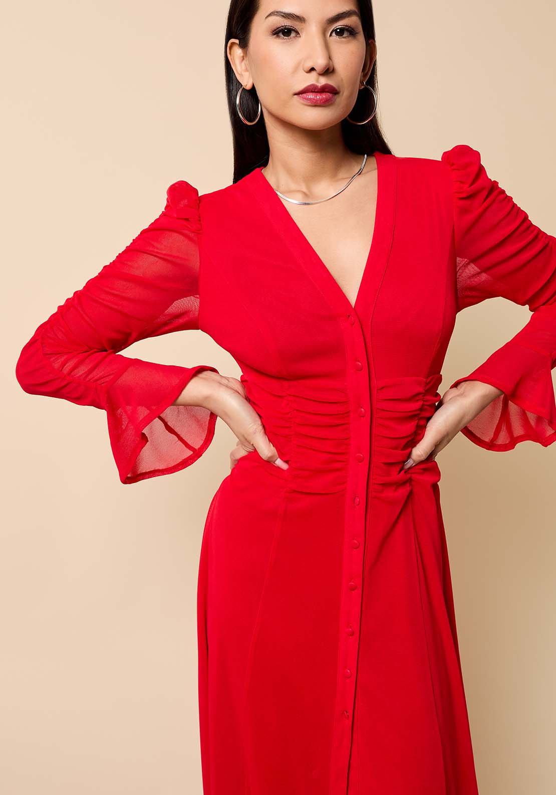 Mesh Shirt Midi Dress - Red