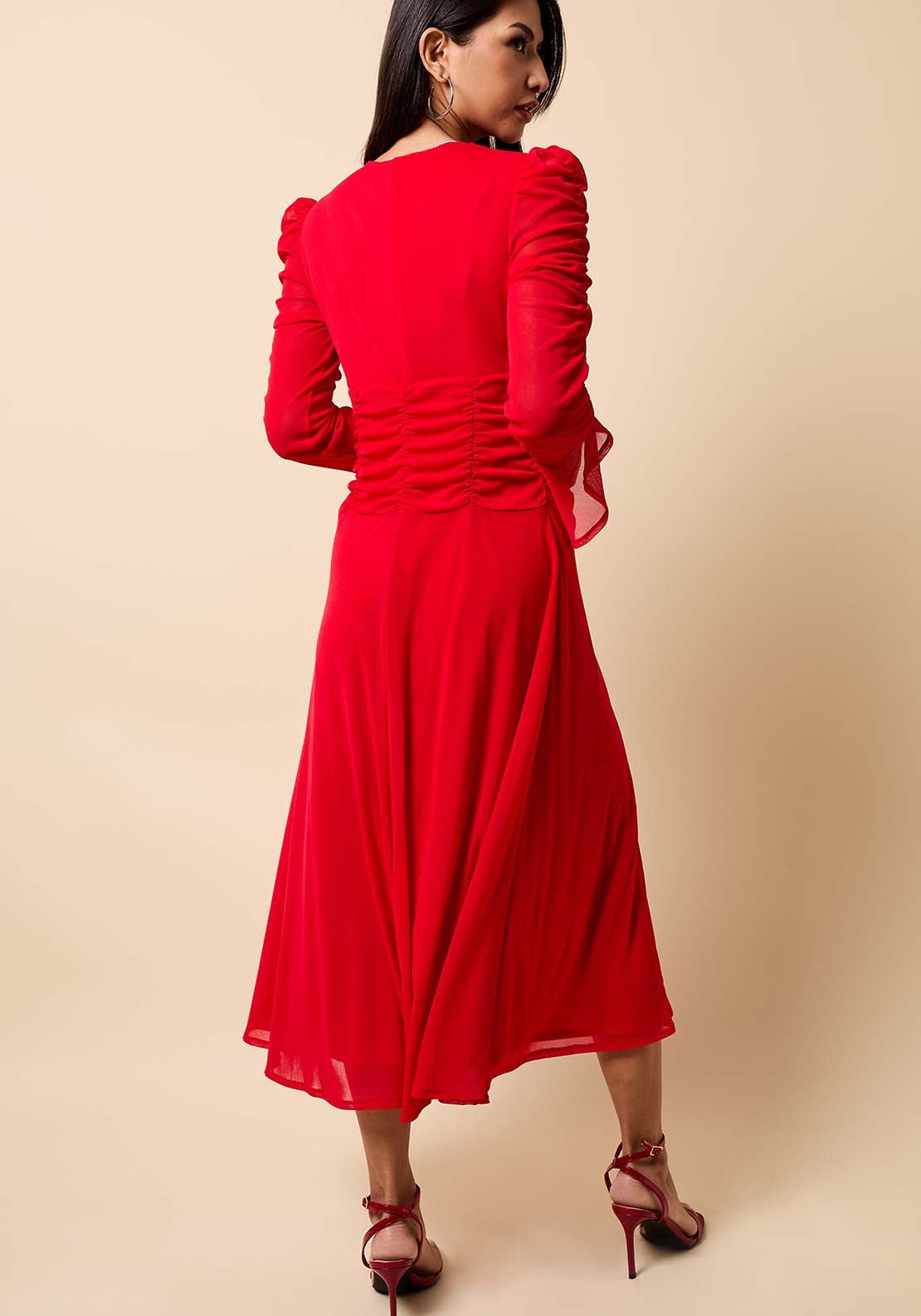 Mesh Shirt Midi Dress - Red