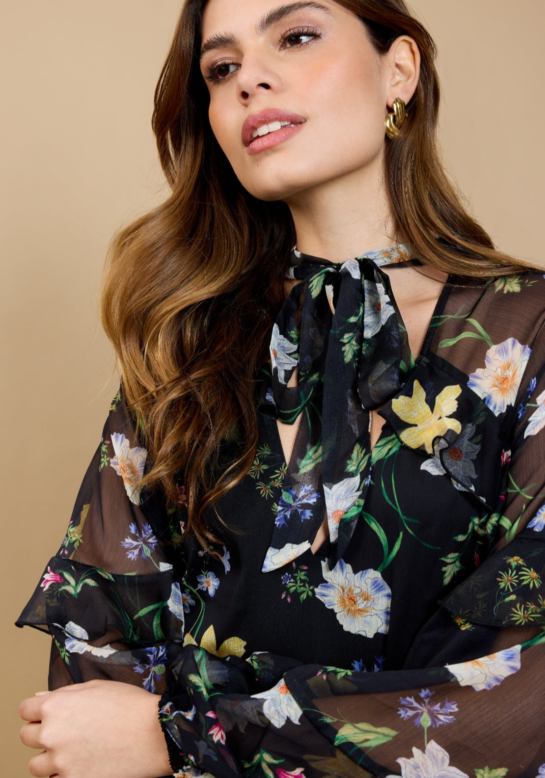 Liora Floral Print Frill Dress - Black