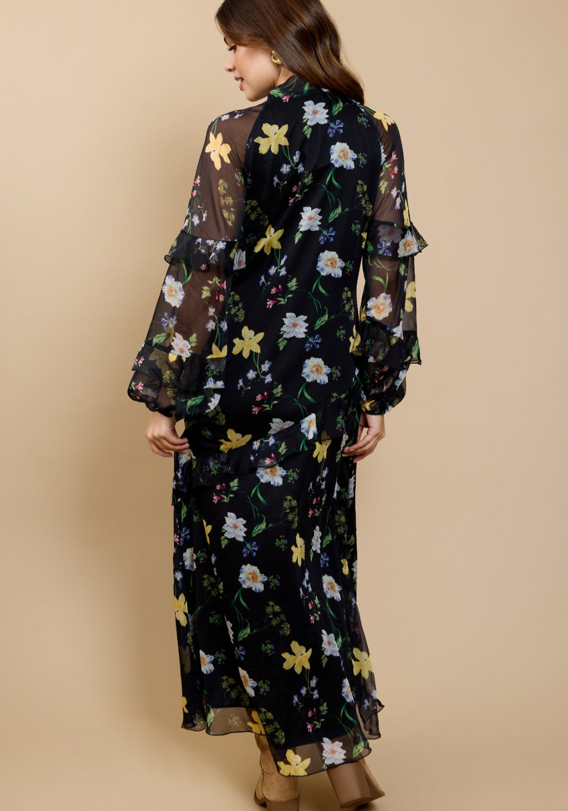 Liora Floral Print Frill Dress - Black