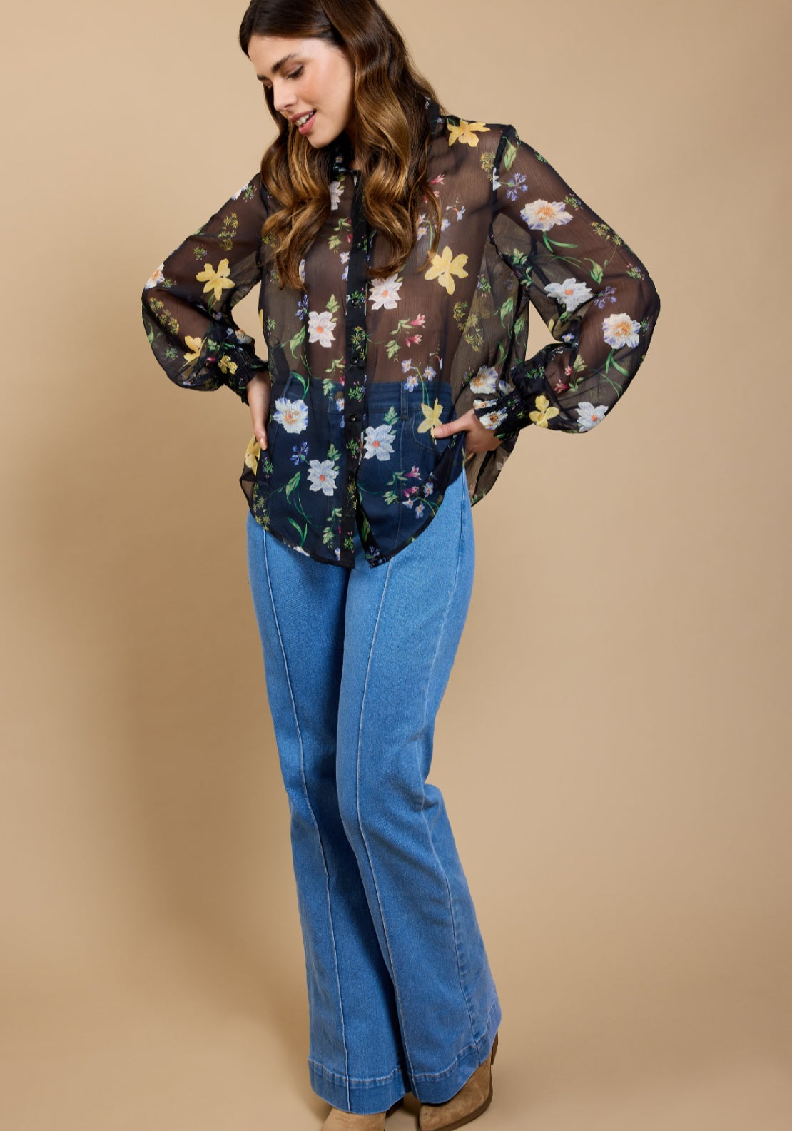Portia Floral Print Chiffon Shirt - Black