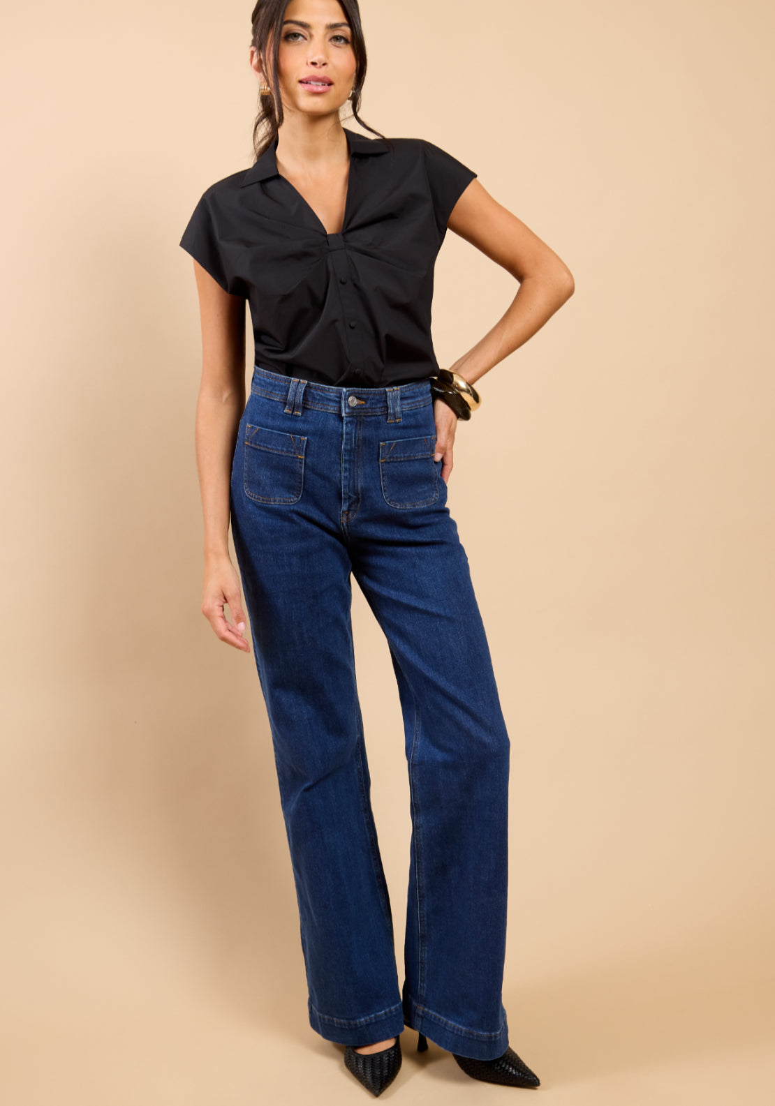 Camille Gathered Detail Shirt Top - Black