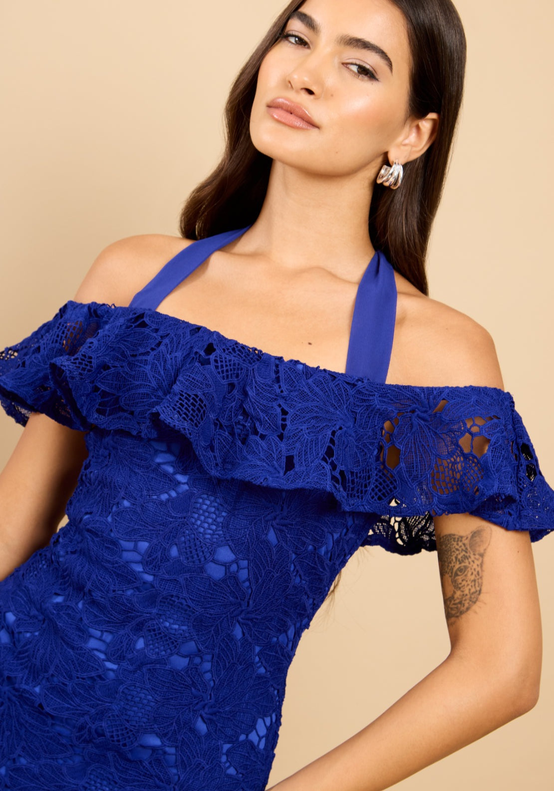 Cassia Crochet Bardot Dress - Blue