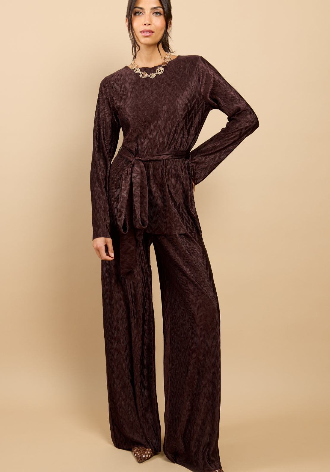 Ivette Plisse Longline Top - Brown