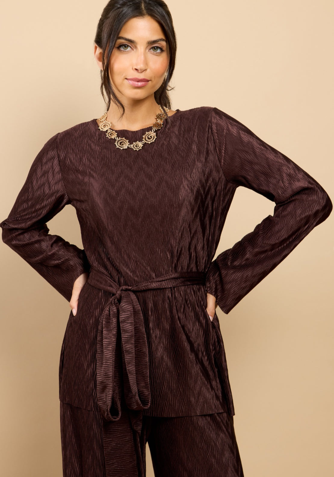 Ivette Plisse Longline Top - Brown