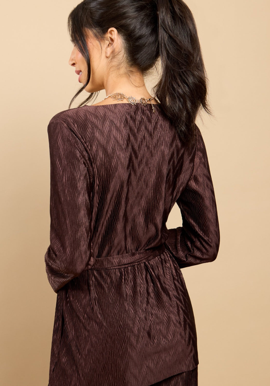 Ivette Plisse Longline Top - Brown