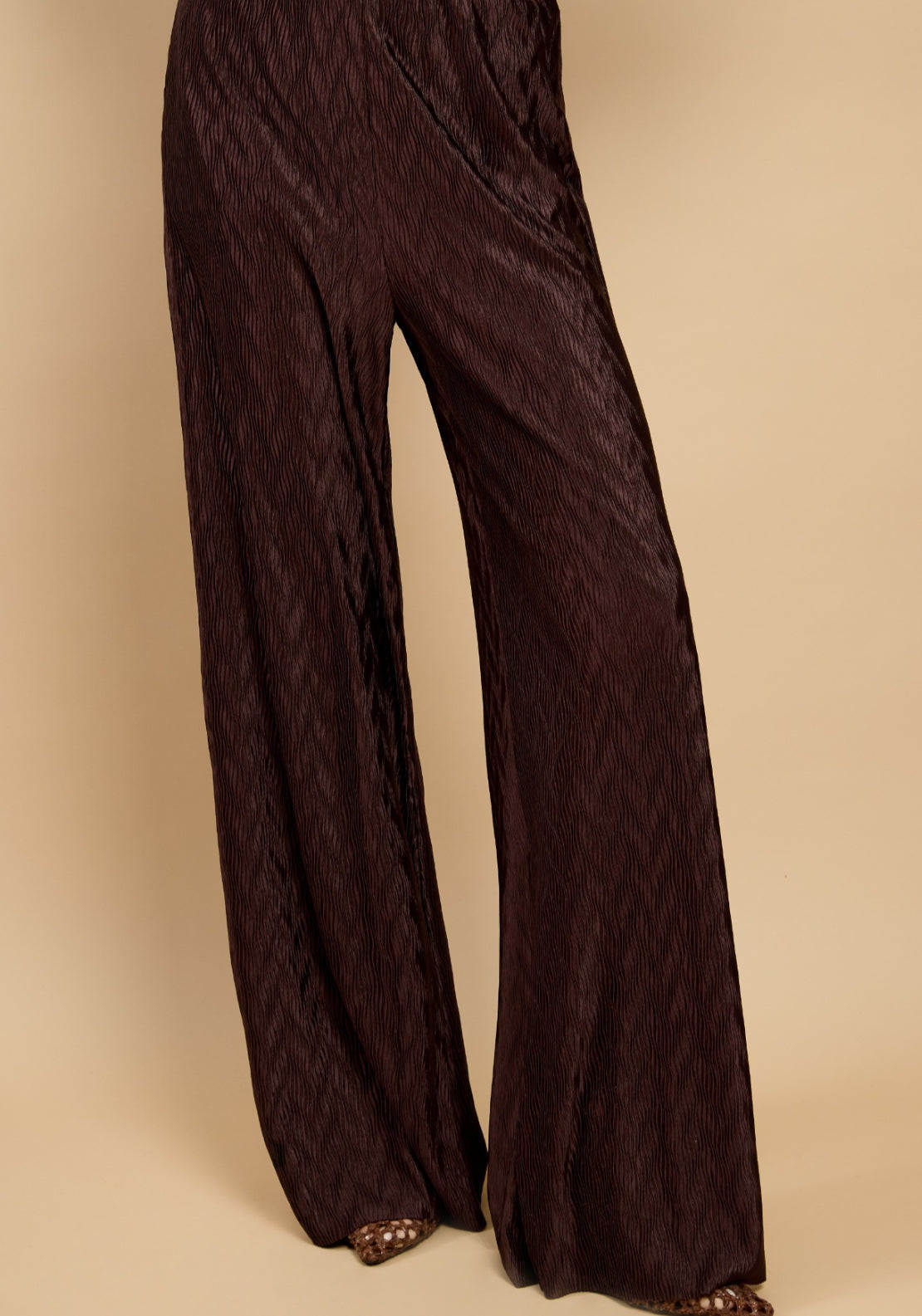 Kalista Plisse Wide Leg Trousers - Brown