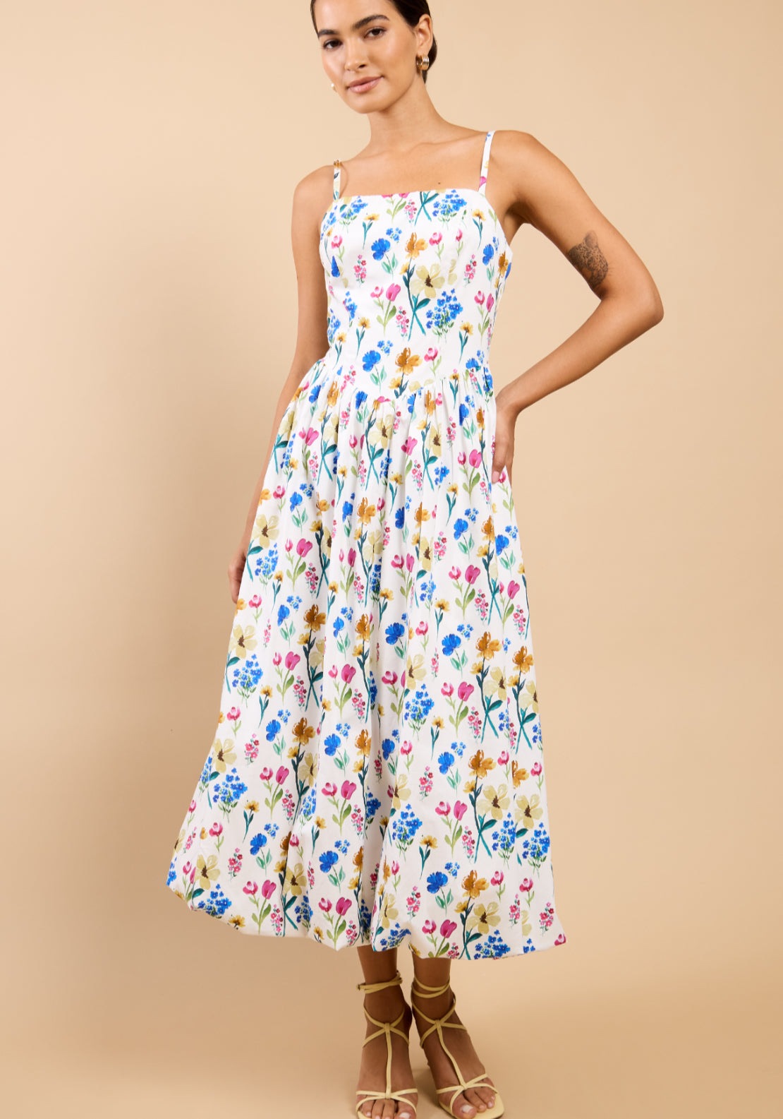 Leonora Floral Print Balloon Hem Dress - White Floral