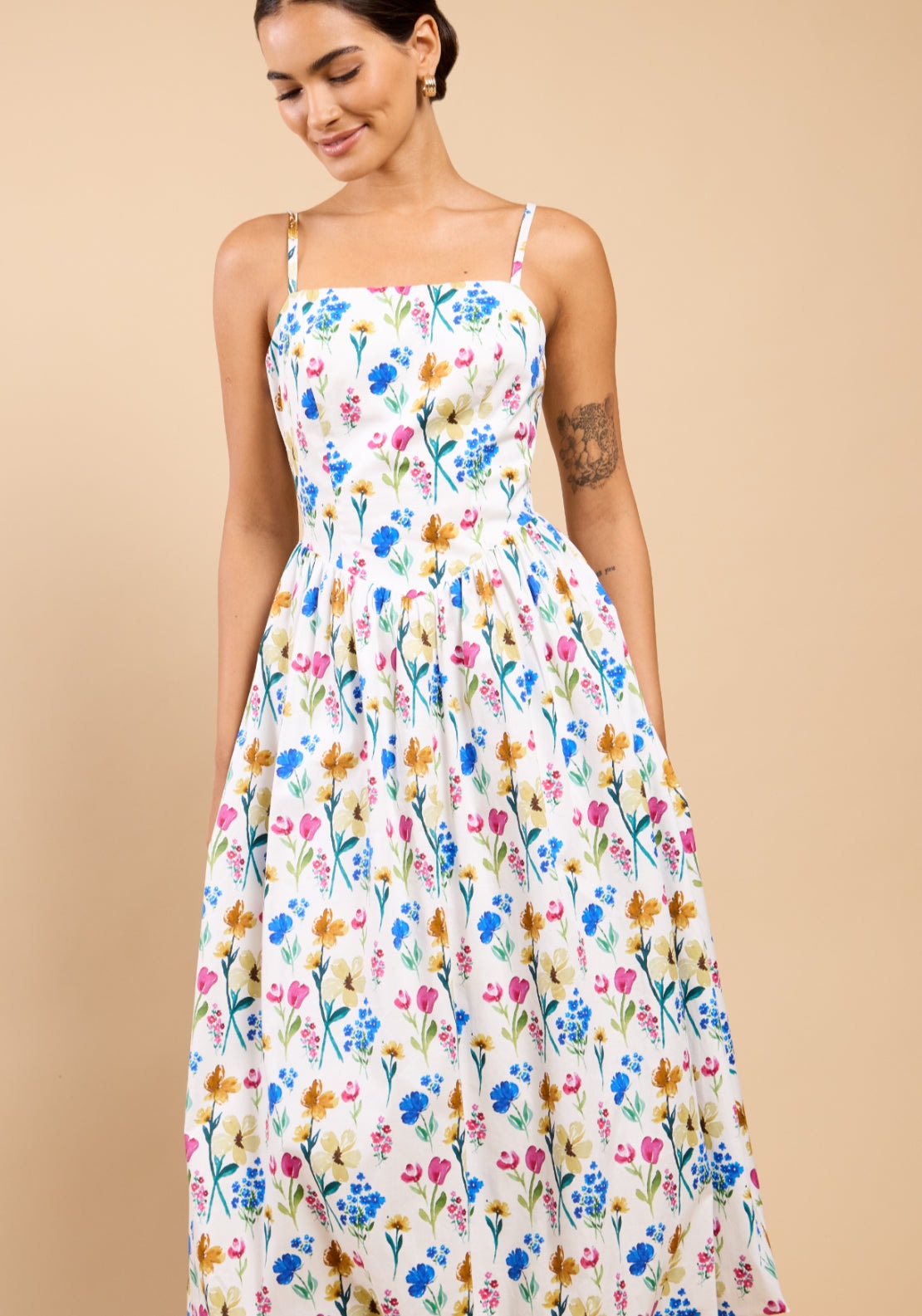 Leonora Floral Print Balloon Hem Dress - White Floral
