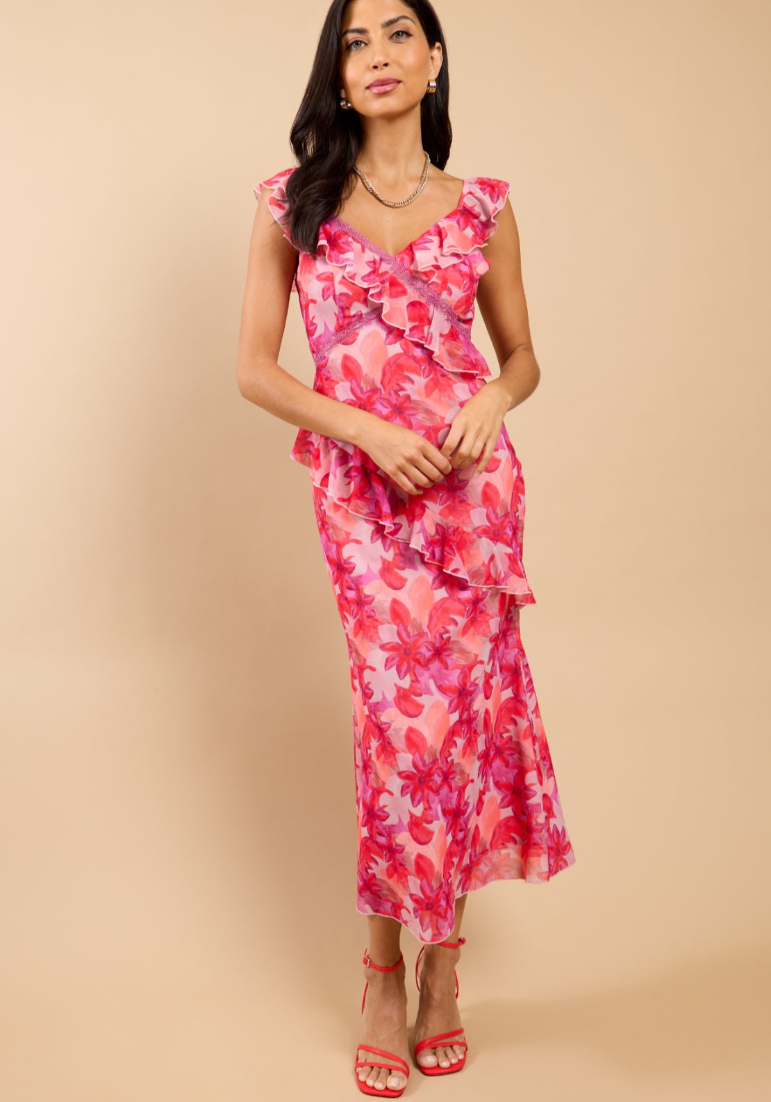 Nerida Floral Print Ruffle Dress - Pink