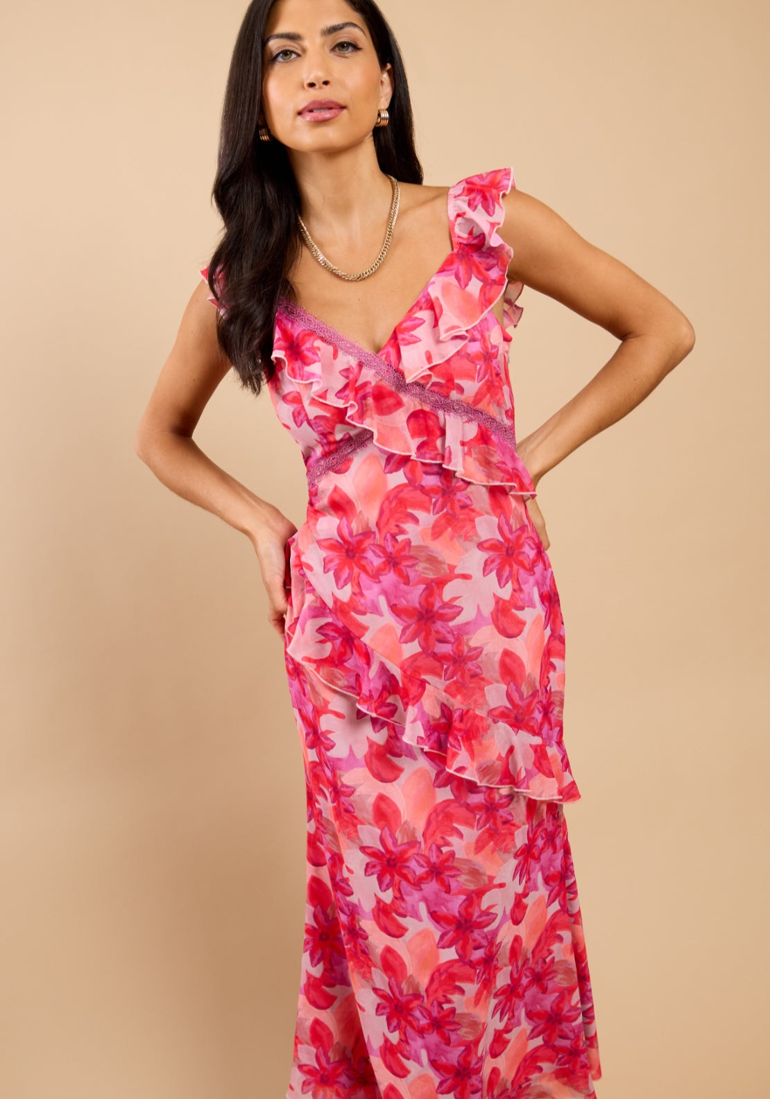Nerida Floral Print Ruffle Dress - Pink
