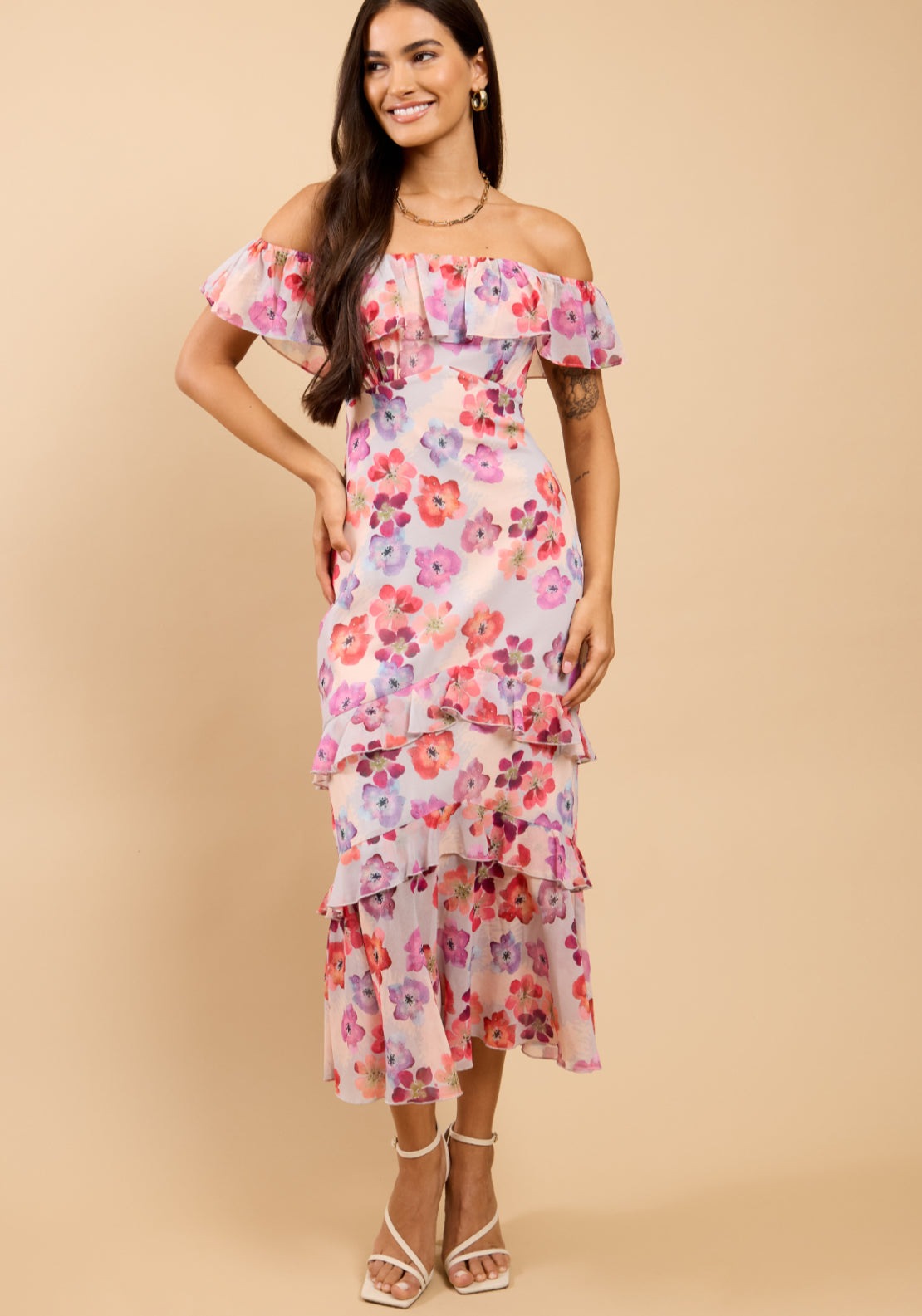 Noa Floral Print Ruffle Bardot Dress - Pink
