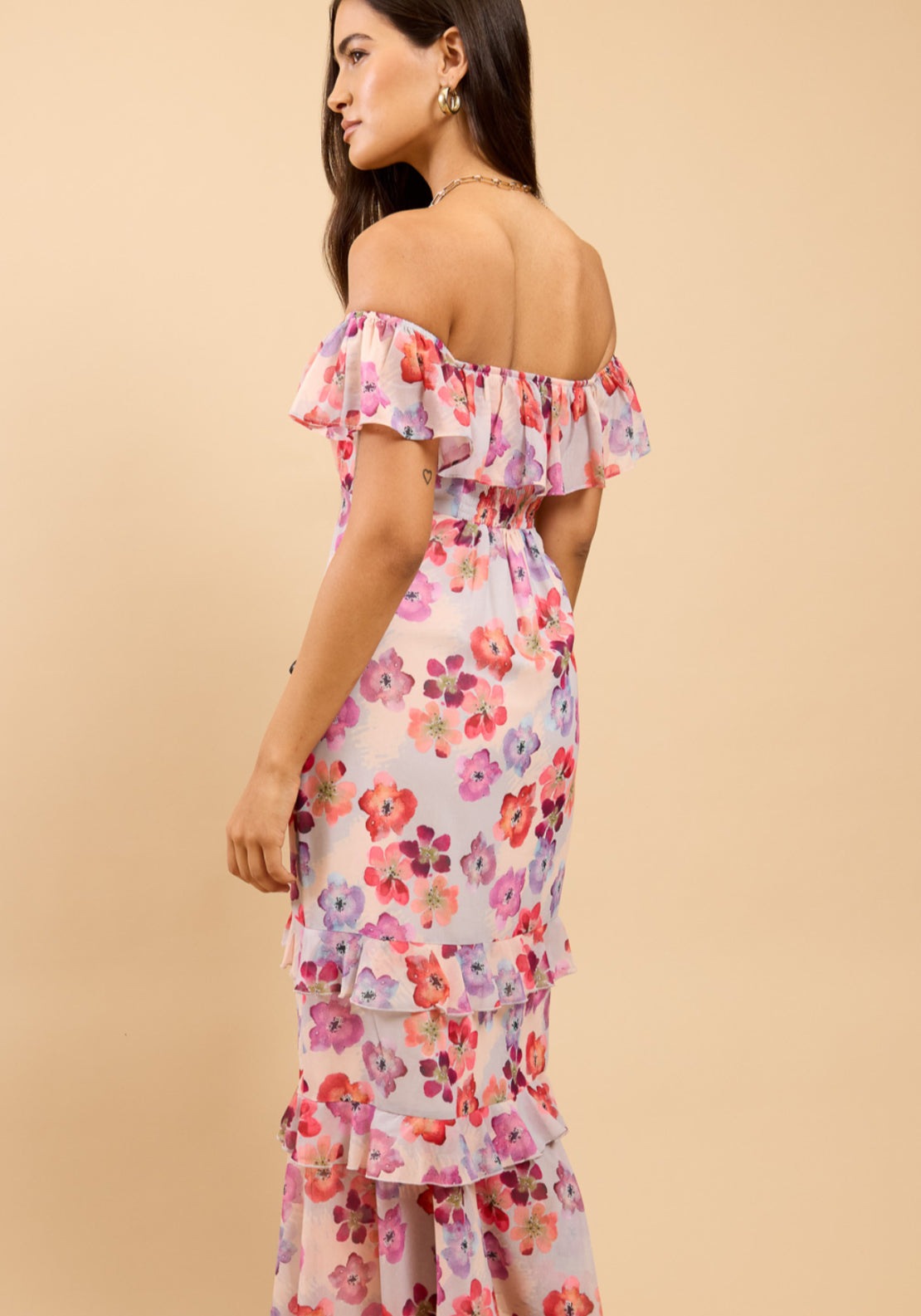 Noa Floral Print Ruffle Bardot Dress - Pink