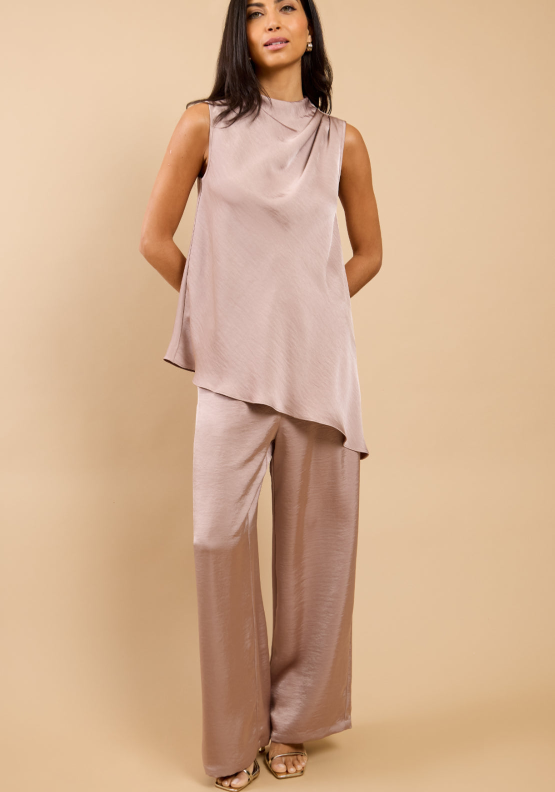 Saphine Satin Wide Leg Trousers - Oyster