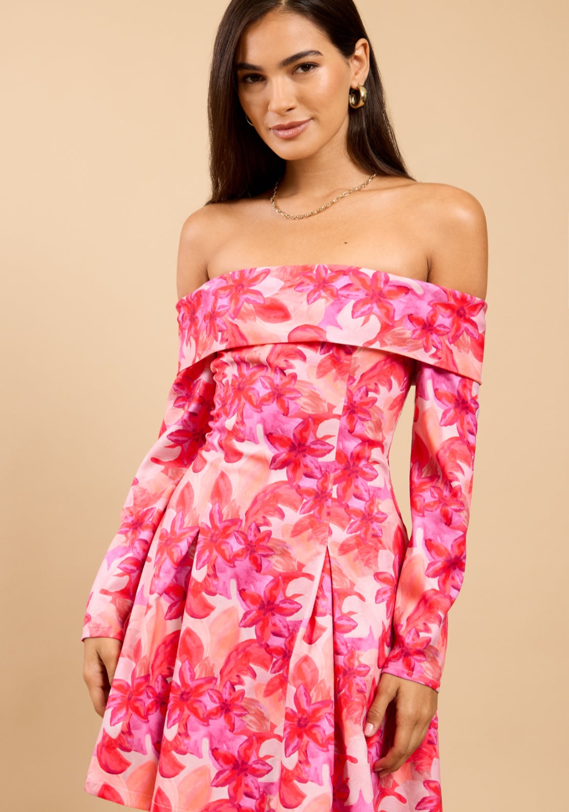Serene Floral Print Bardot Mini Dress - Pink Print