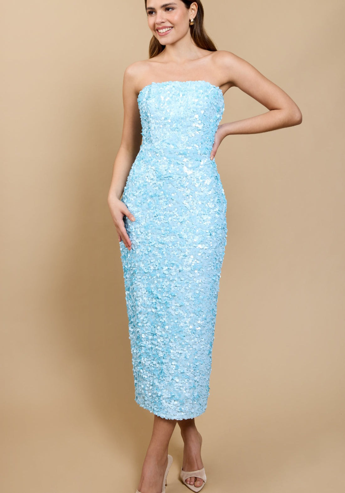 princess polly baby blue dress Light Blue Maxi Sequin Dress by Alberta Ferretti – Elilhaam main image 0