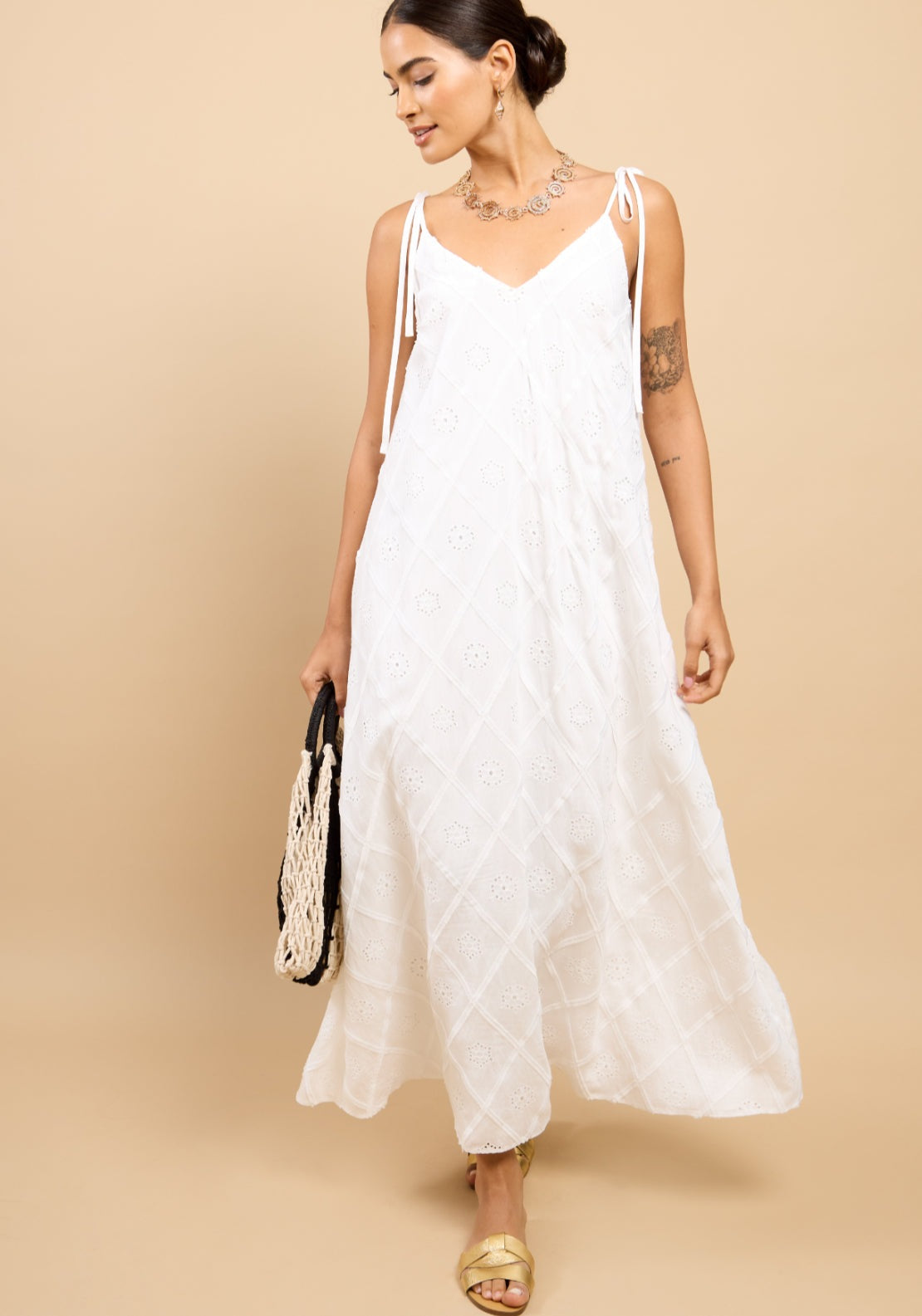 Mara Embroidered Tie Strap Maxi Dress - White