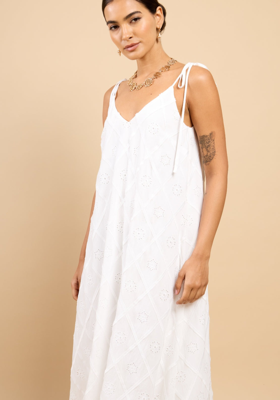 Mara Embroidered Tie Strap Maxi Dress - White