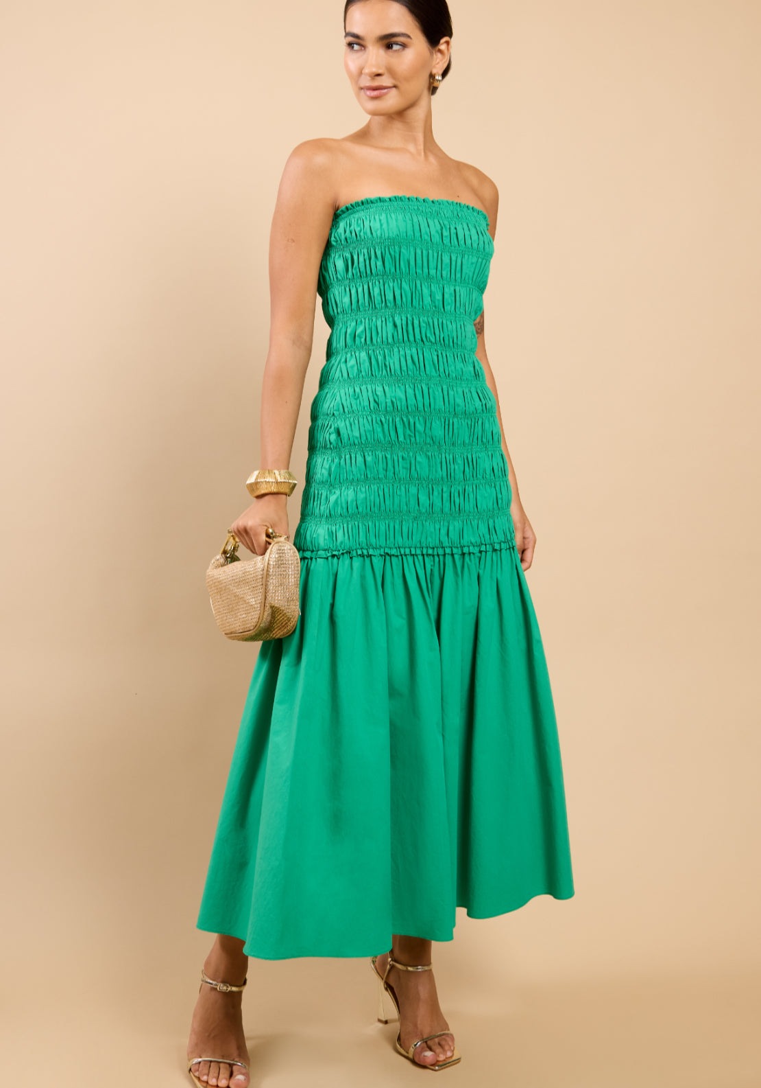 Delphina Bandeau Dropped Waist Maxi Dress - Green