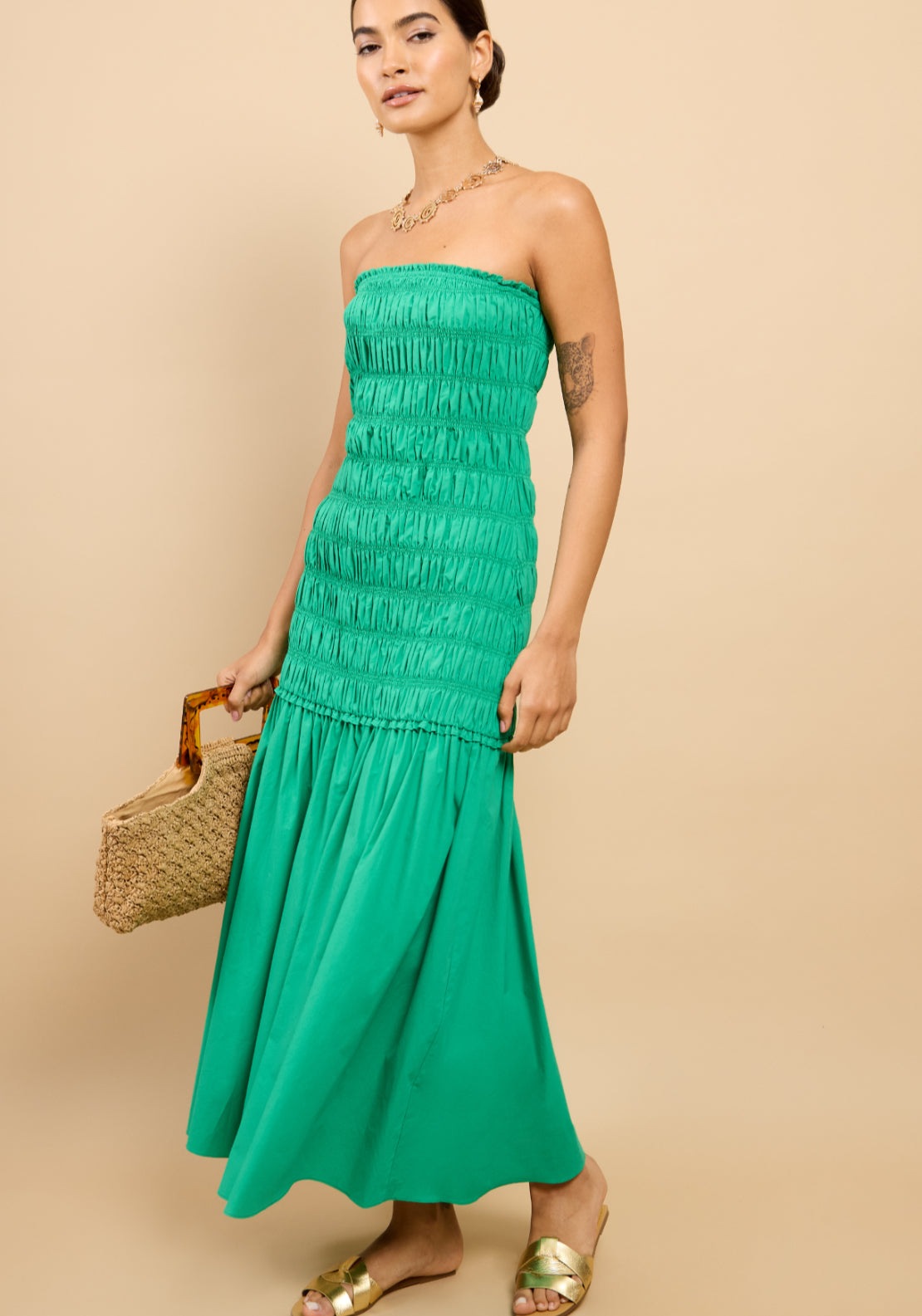 Delphina Bandeau Dropped Waist Maxi Dress - Green