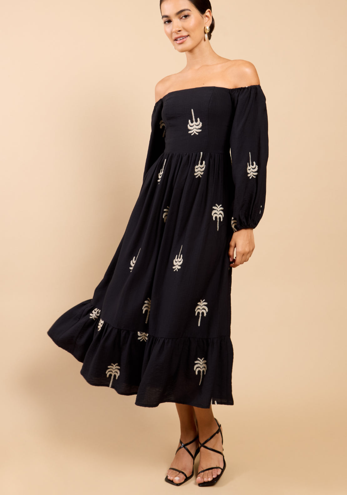 Lyra Embroidered Bardot Dress - Black