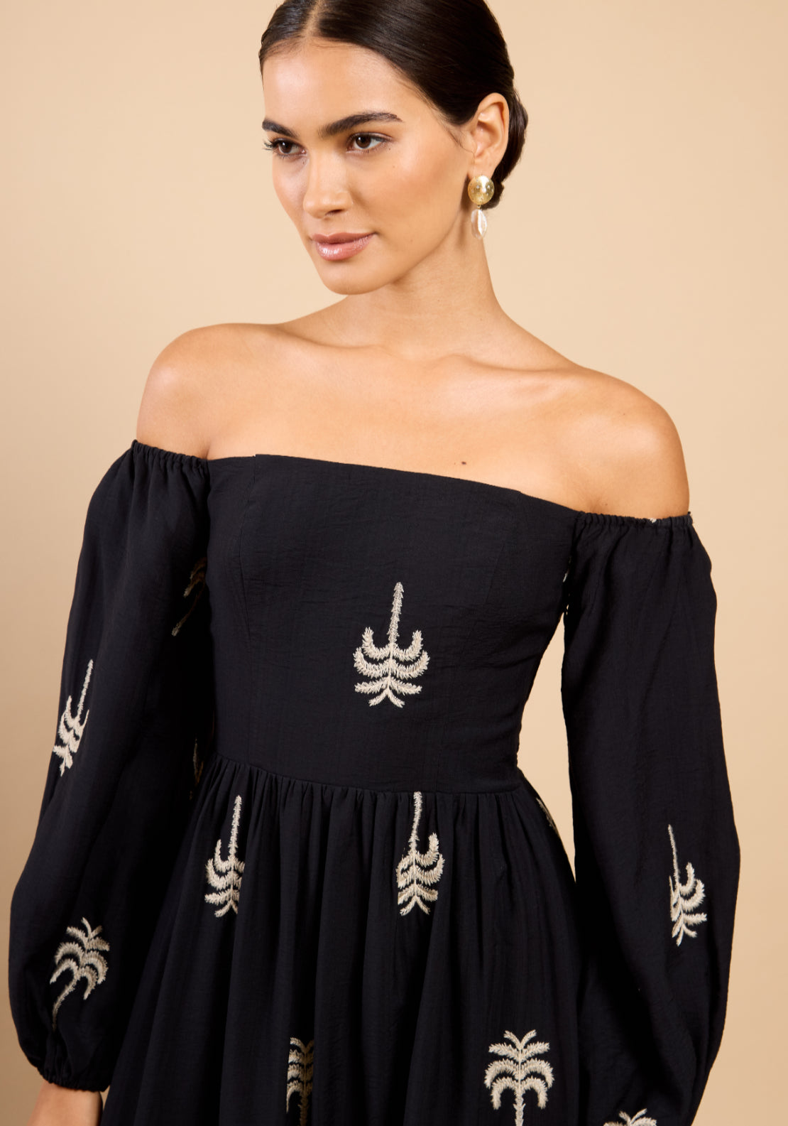 Lyra Embroidered Bardot Dress - Black