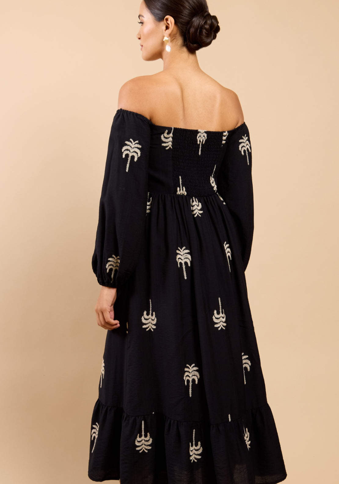Lyra Embroidered Bardot Dress - Black