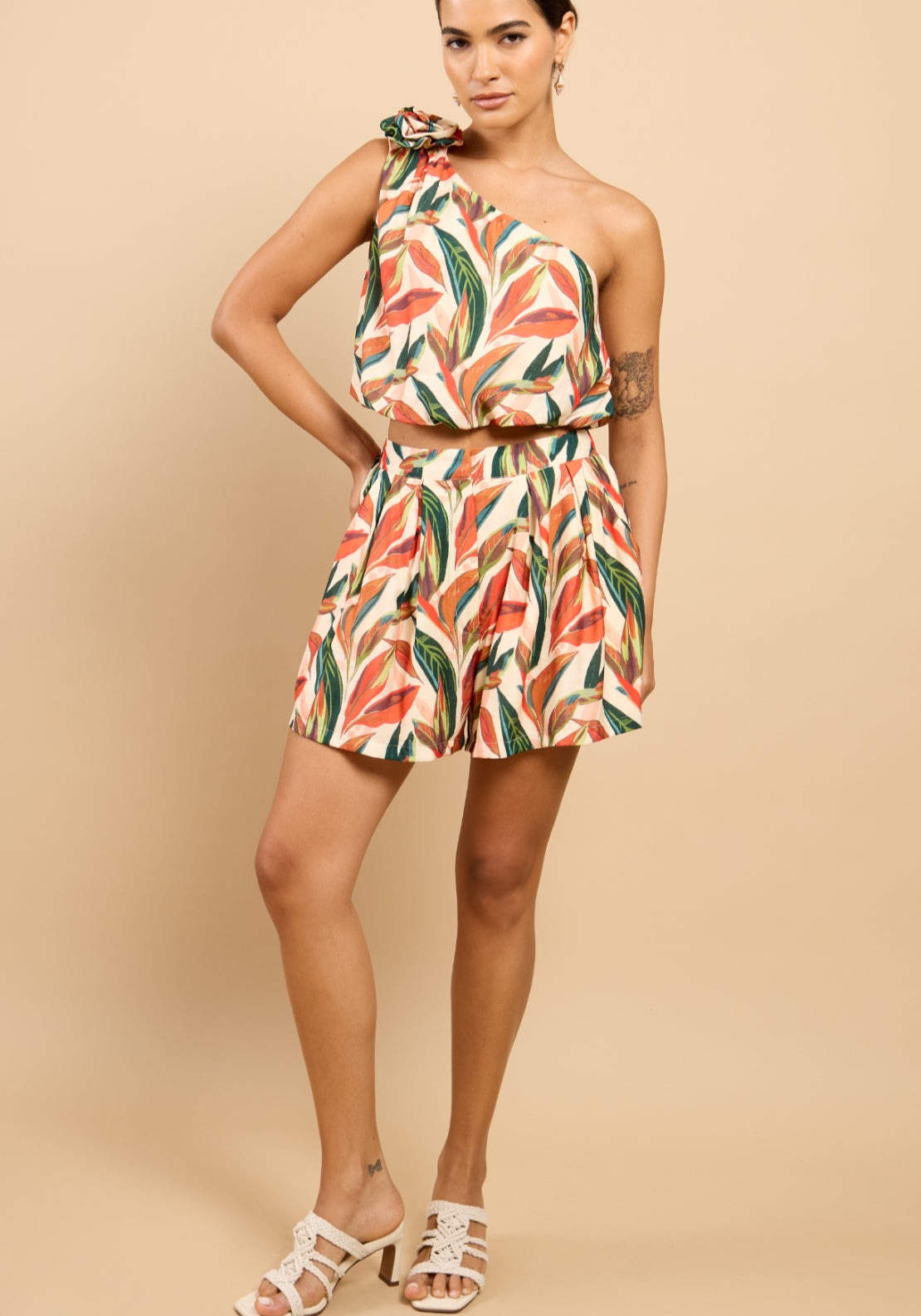 Nala Leaf Print One Shoulder Crop Top - Multi