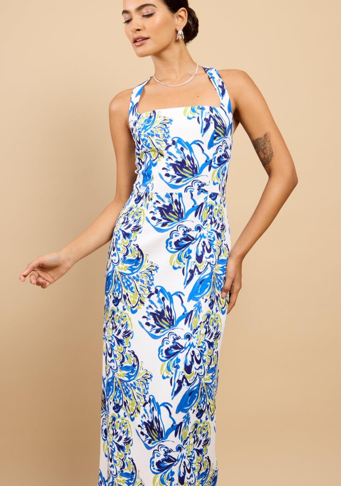 Anya Floral Print Halterneck Dress - Blue Prnt