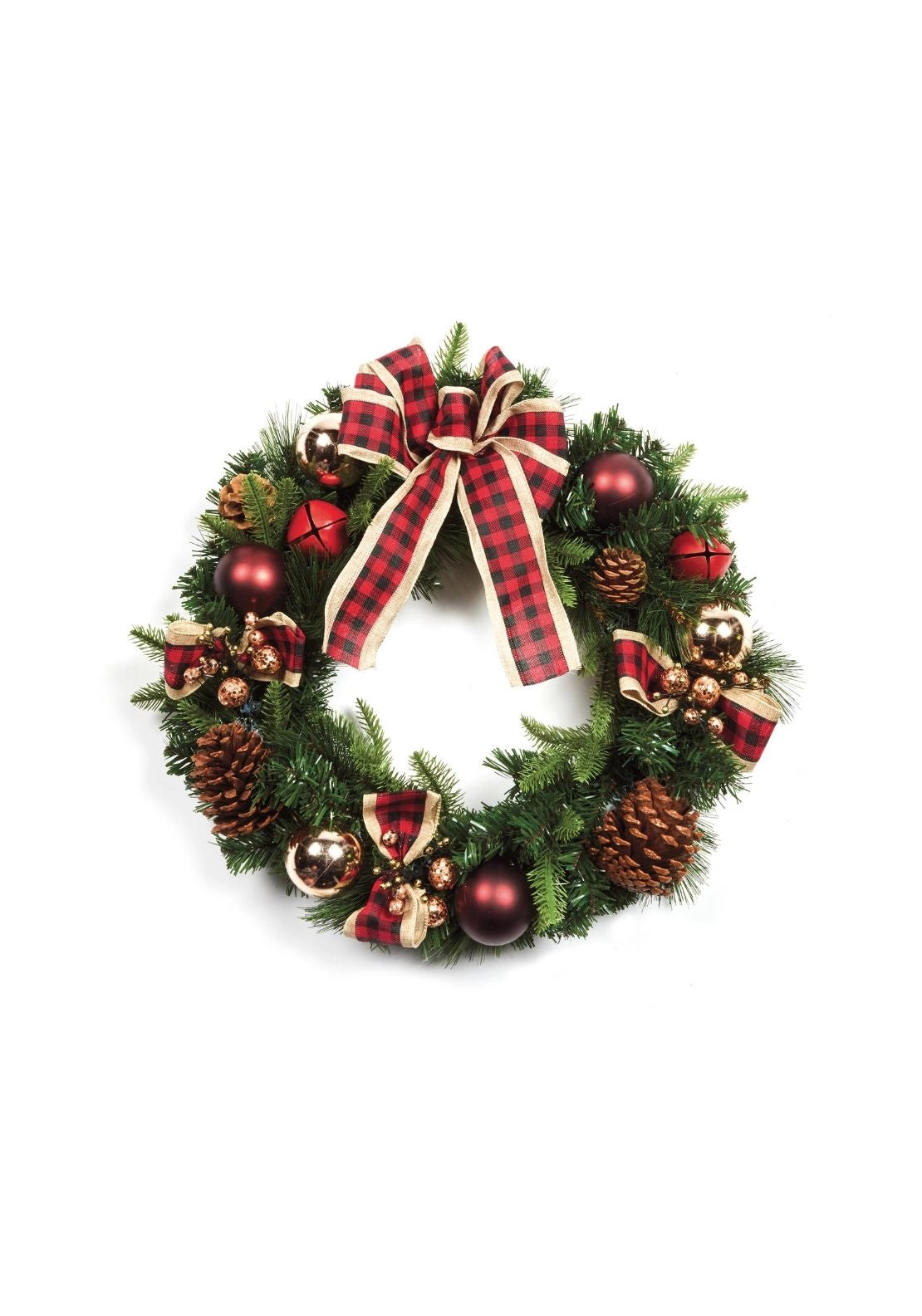 Bow Christmas Wreath With Baubles &amp; Cones - Red