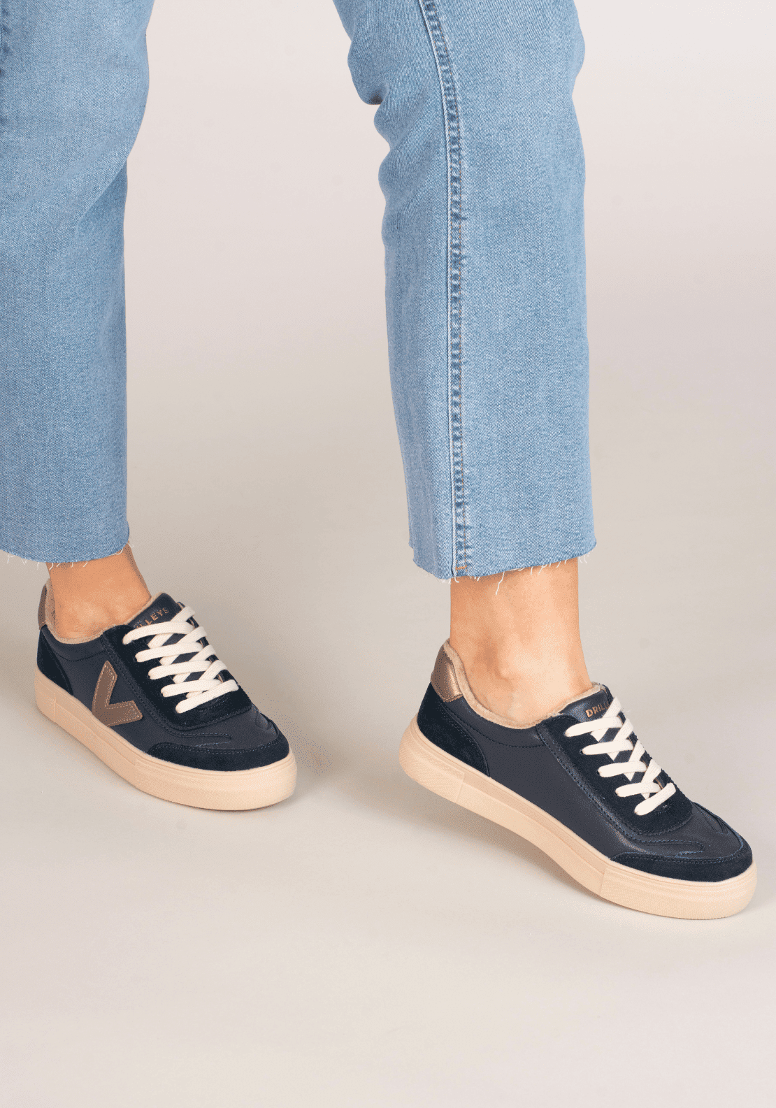 Drilleys Leather Upper V Trainer - Navy W Metallic V 3 Shaws Department Stores