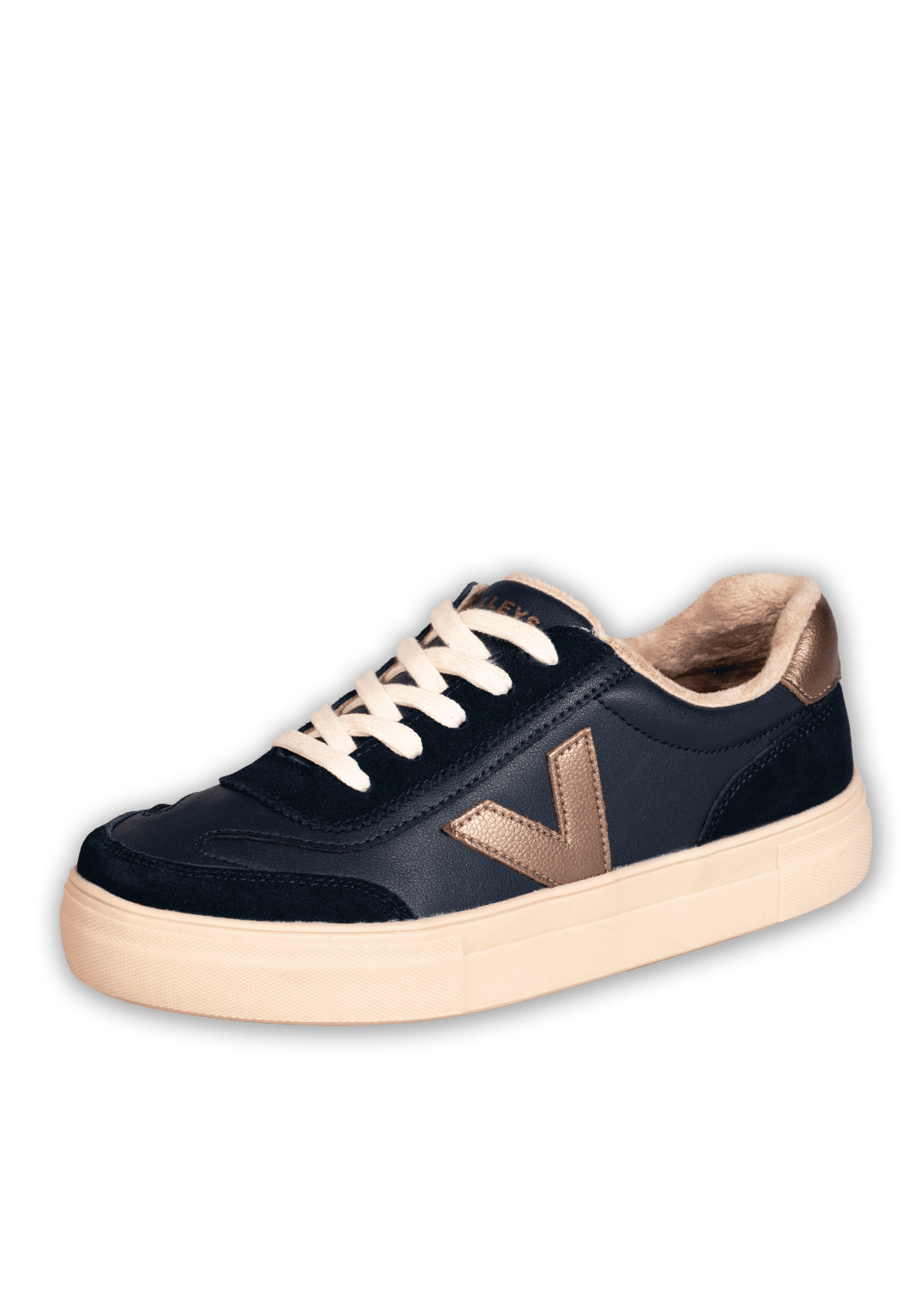 Drilleys Leather Upper V Trainer - Navy W Metallic V 1 Shaws Department Stores