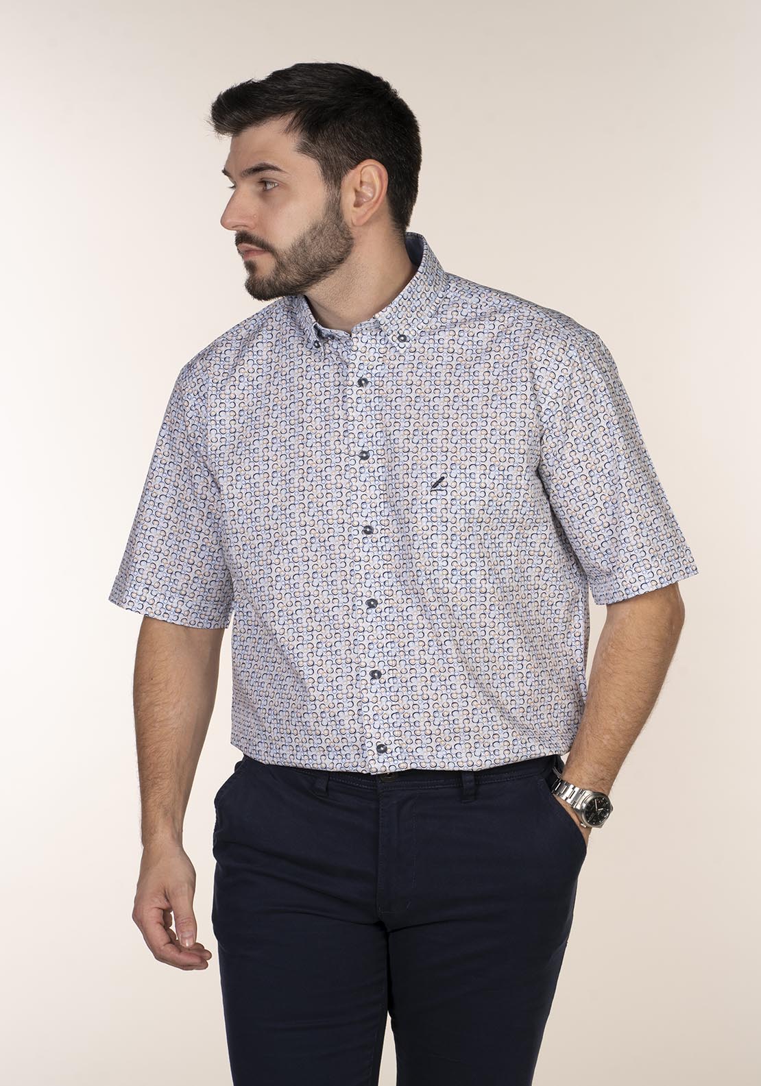 Yeats Casual Patterned Short Sleeve Shirt - Blue / Beige 3 Shaws Department Stores
