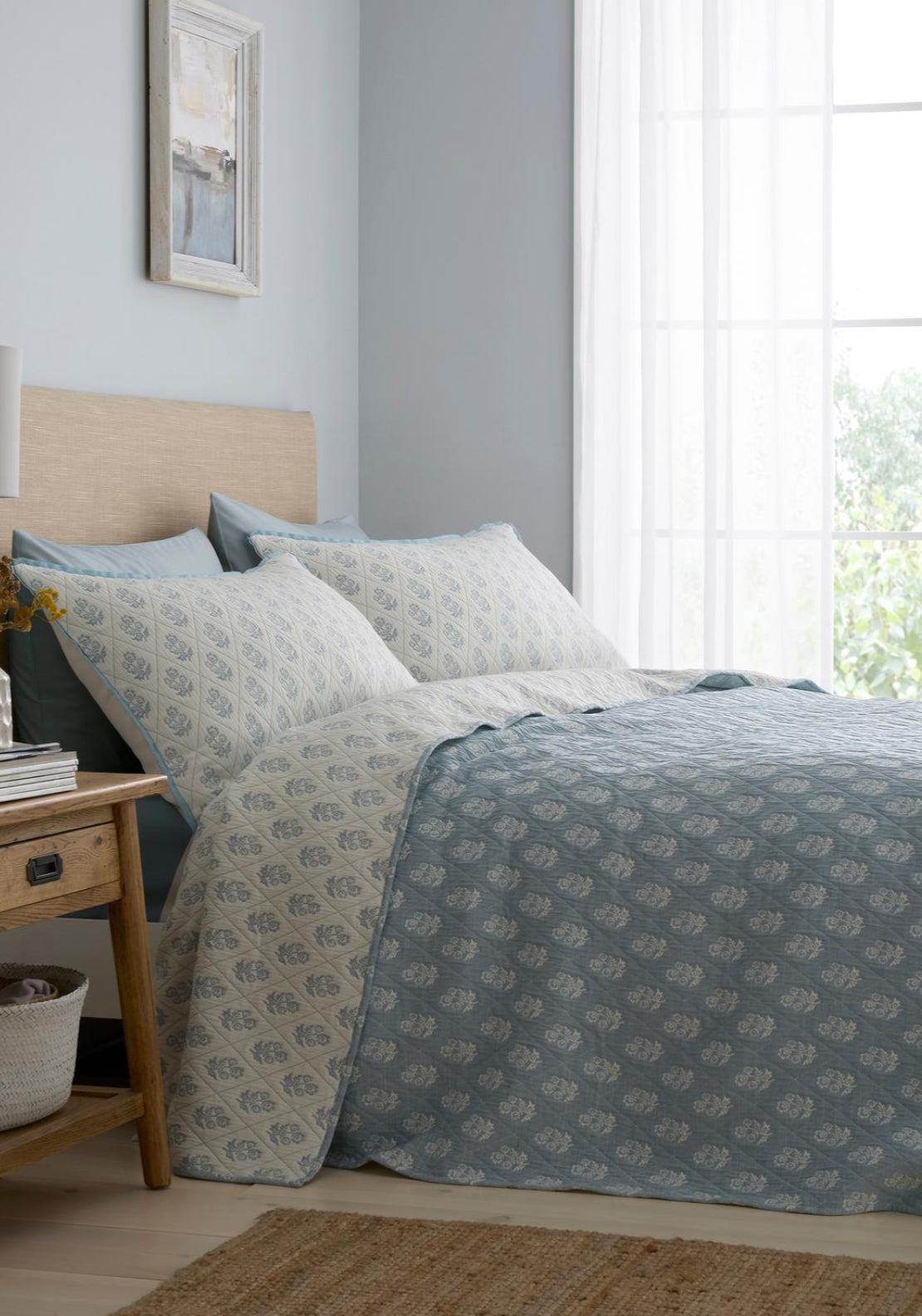 Heather &amp; Ferne Block Floral Bedspread - Blue 1 Shaws Department Stores