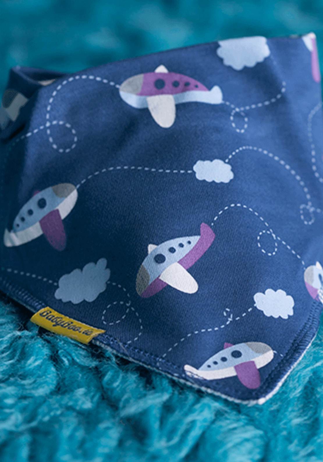 Babyboo Fly Away Aeroplanes Organic Cotton DribbleBoo Bandana Bib - Blue 2 Shaws Department Stores